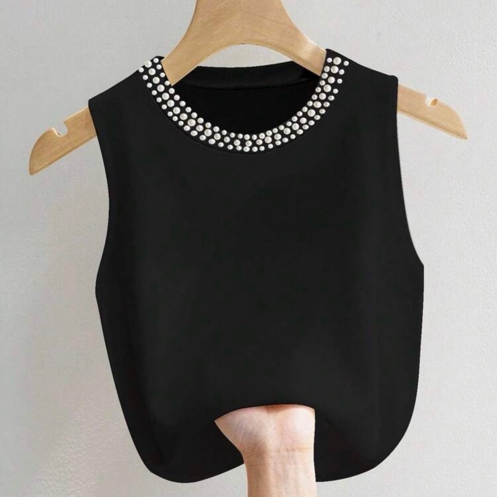 Sleeveless Pearl-Embellished Black Top